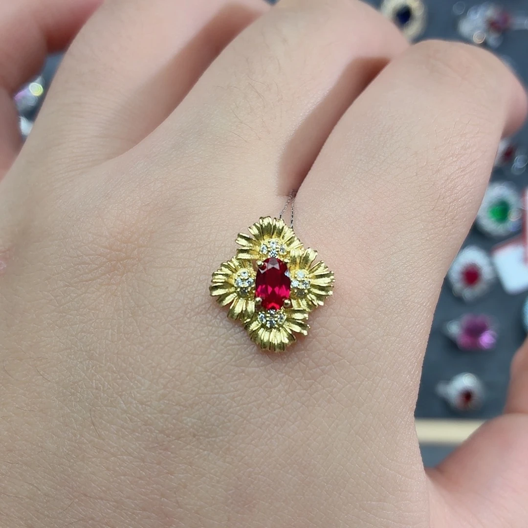 吊坠925银培育鸽血红色宝石