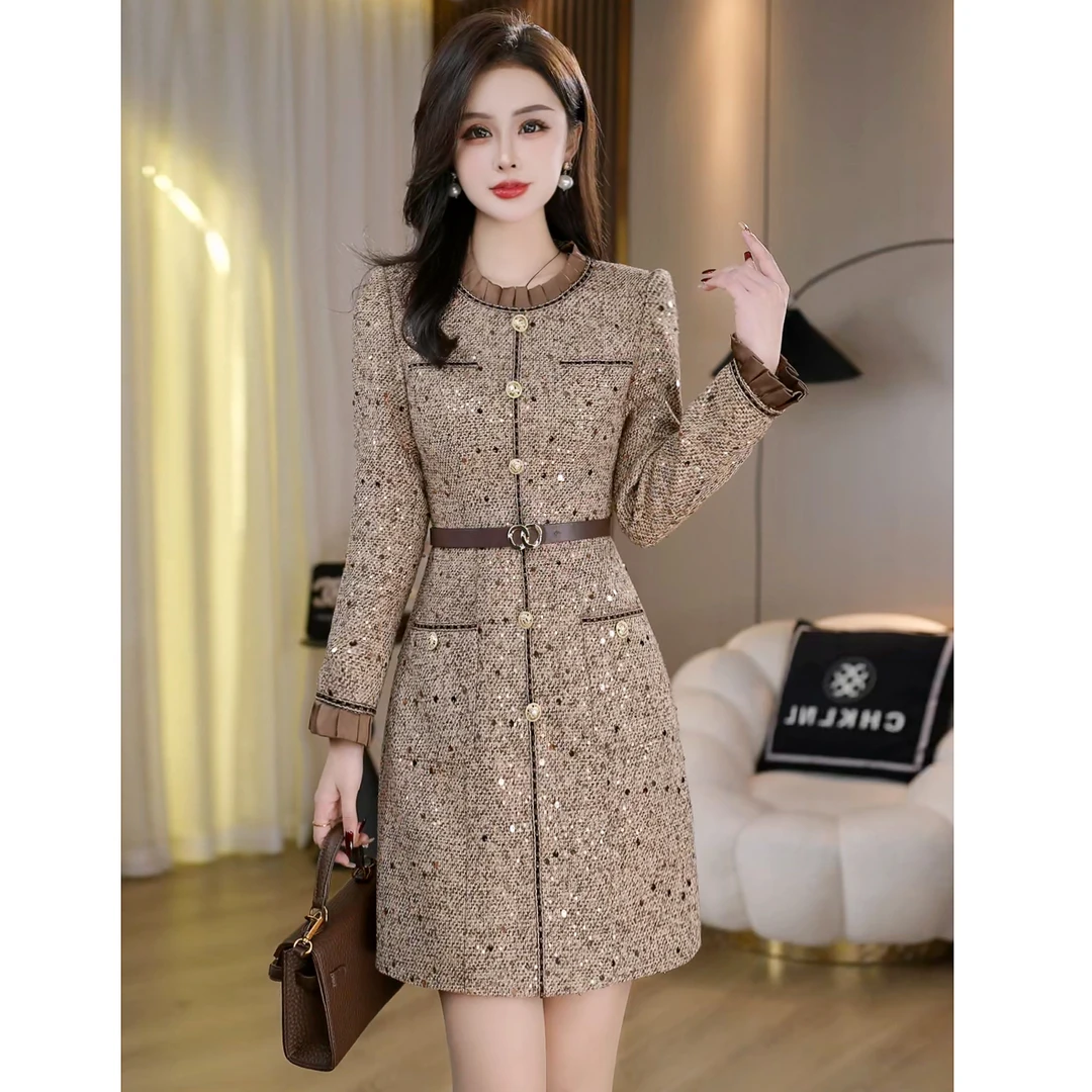 秋冬名媛精致圆领小香风亮片修身显瘦连衣裙  C5755