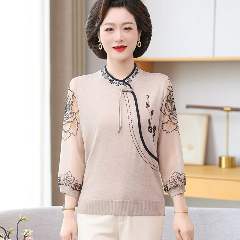 妈妈春装2025新款中式打底上衣中老年女装洋气T恤衫七分纱袖衣服