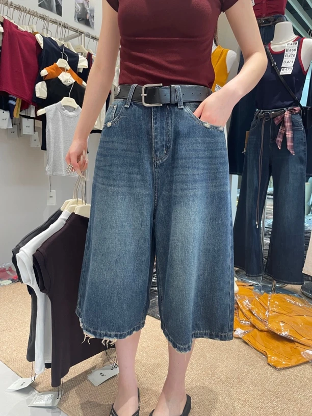 复古1678磨破高腰洋气减龄夏季女款宽松阔腿七分牛仔裤