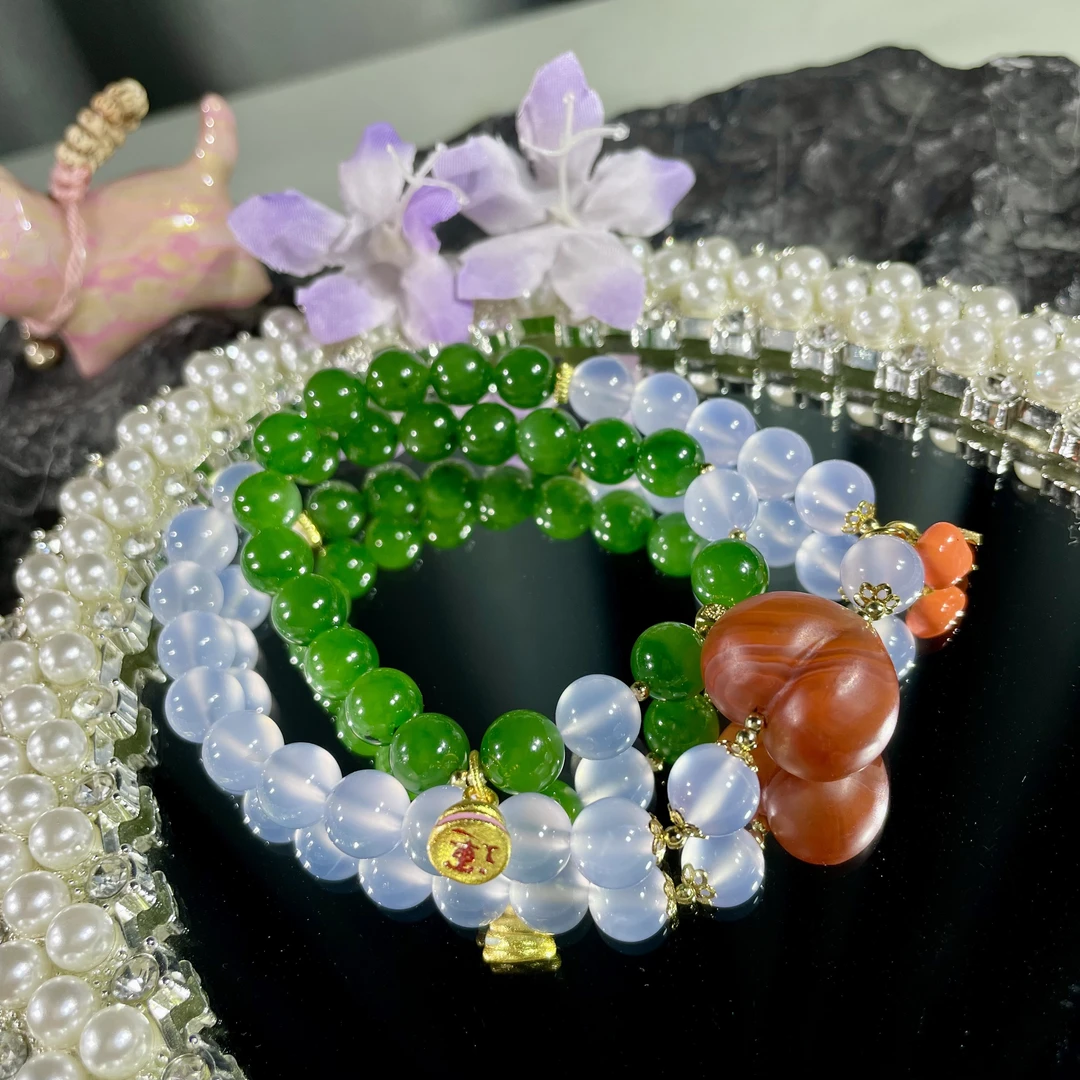 极高净蓝玉髓辣绿碧玉南红屁桃双圈8mm  5199