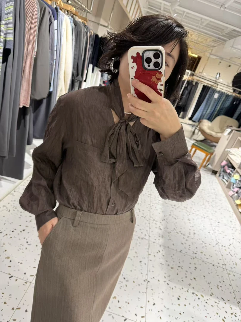 法式成人长袖系带衬衫复古纯色百搭女士