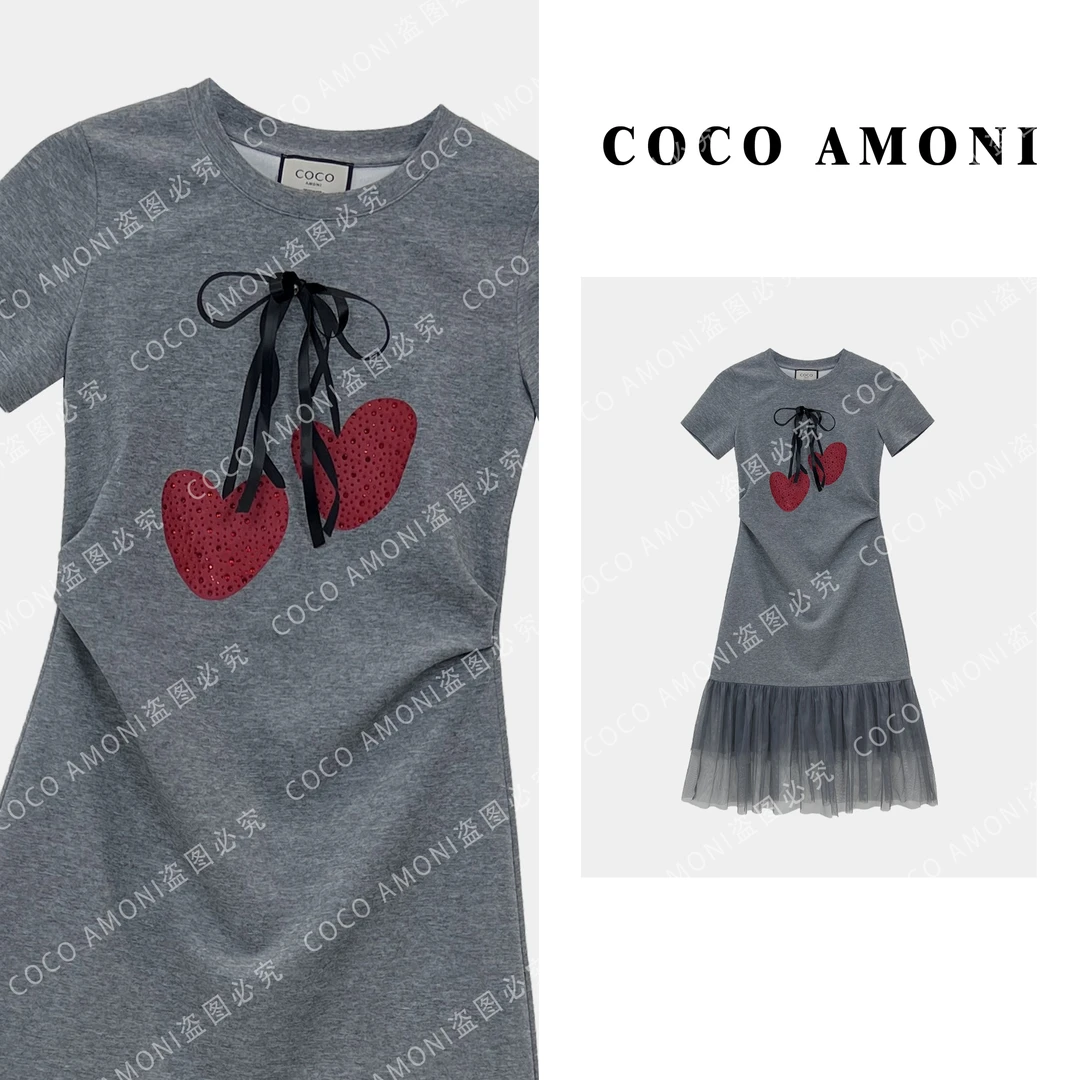 新款法式绝美时尚女装拼接烫砖小樱桃收腰显瘦短袖连衣裙AB983