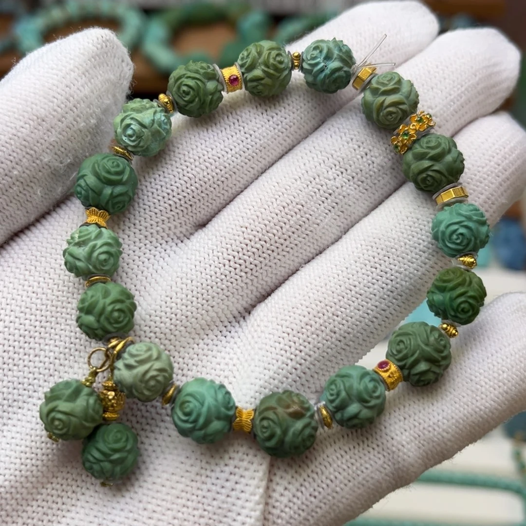 绿松石未镶嵌珠宝奇石玫瑰花手串