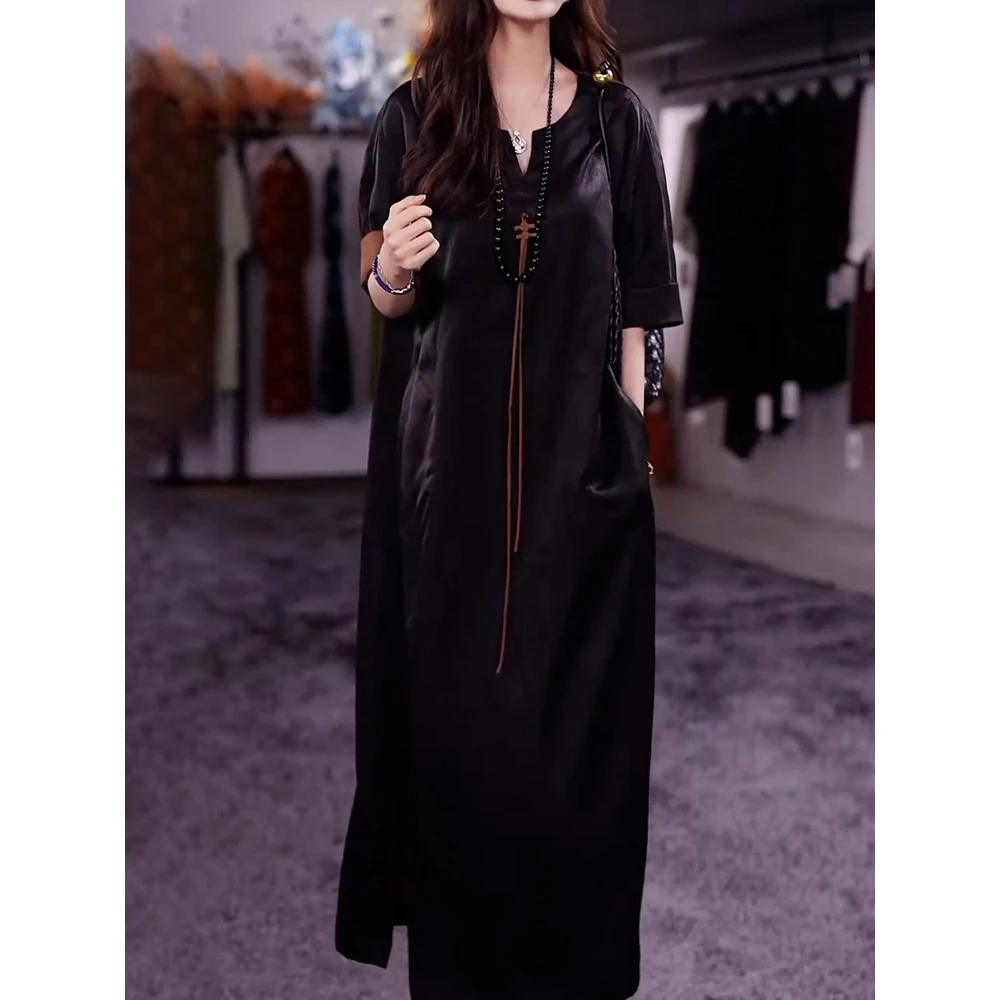 高档时尚休闲短袖纯色连衣裙2025夏季新款高级气质国风显瘦A字裙