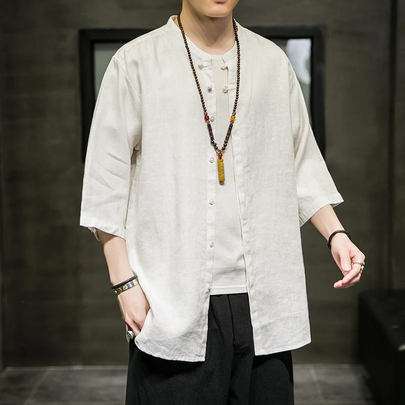 春秋新款中国风亚麻立领盘扣衬衫男式复古禅意七分袖休闲棉麻衬衫