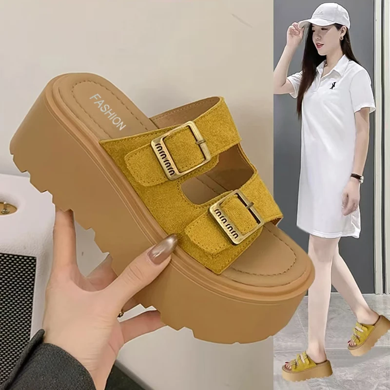夏季小个子勃肯拖鞋女外穿2025新厚底凉鞋 增高5厘米一字博肯凉拖