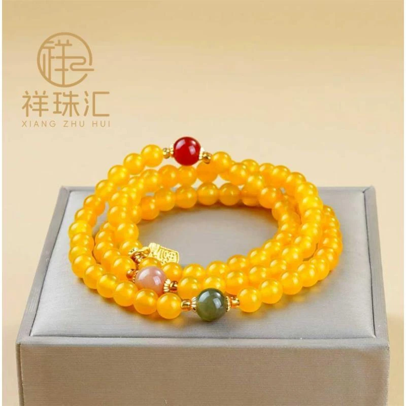 天然黄玛瑙三圈配和田玉顶珠手链 多样性发一 SL637