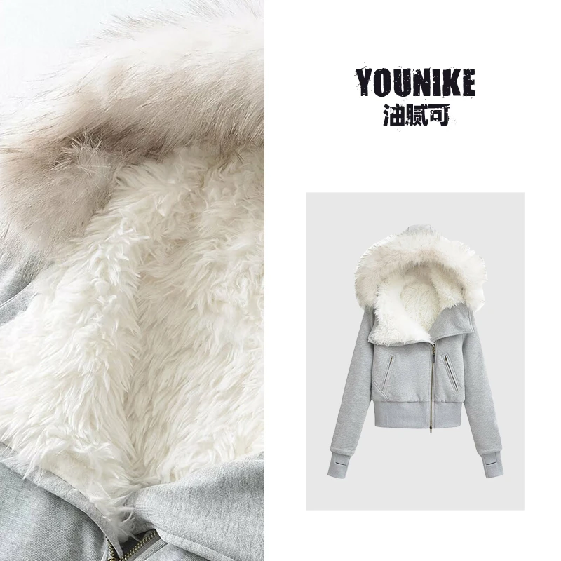 油腻可 欧美风毛领加绒加厚连帽长袖卫衣女冬季保暖显瘦短款外套