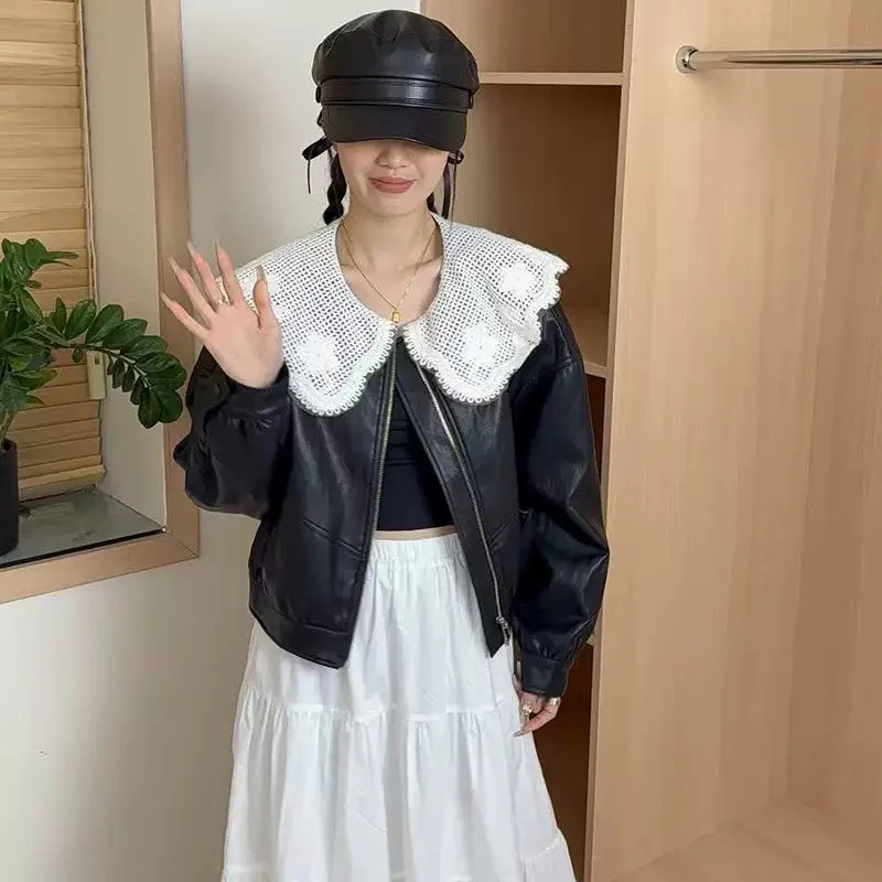 欧洲站2025早春新款时尚蕾丝拼接娃娃领短款PU皮衣外套小个子夹克