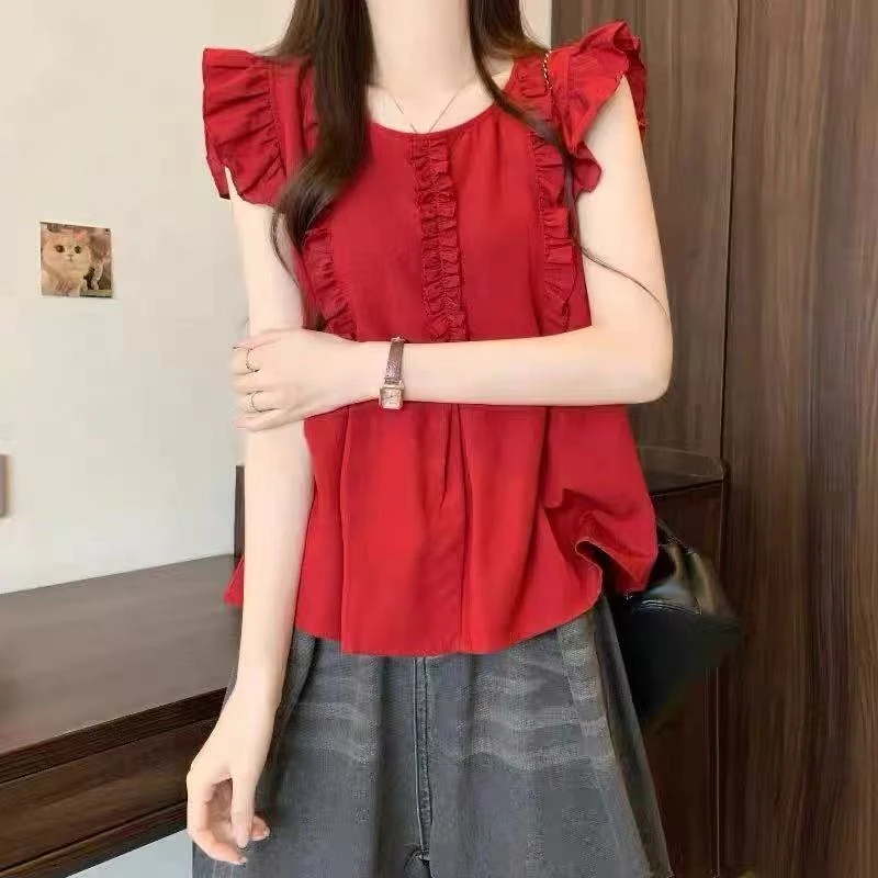 2025夏秋新款法式红色木耳边小飞袖衬衫超好看荷叶边单穿裙摆上衣