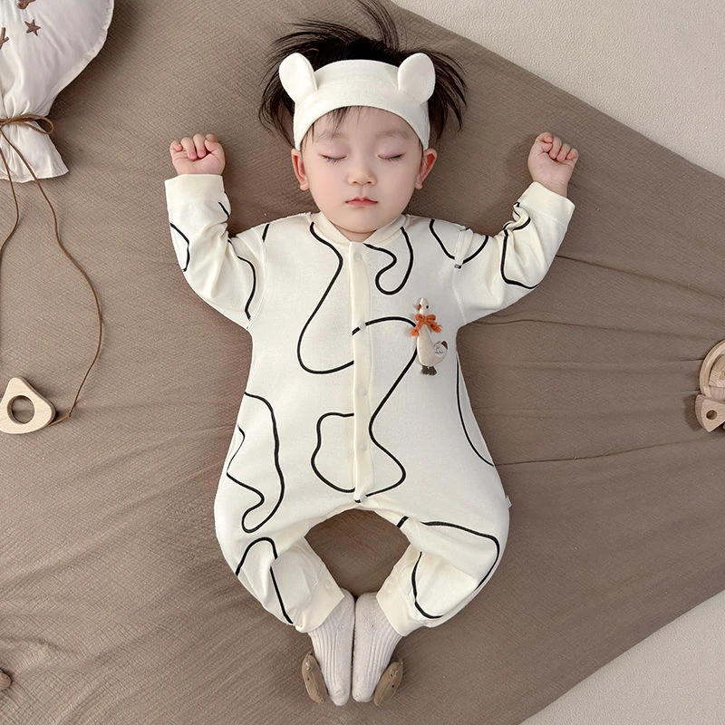 婴儿衣服新生儿春秋纯棉长袖外出宝宝连体衣薄款无骨秋装哈衣睡衣