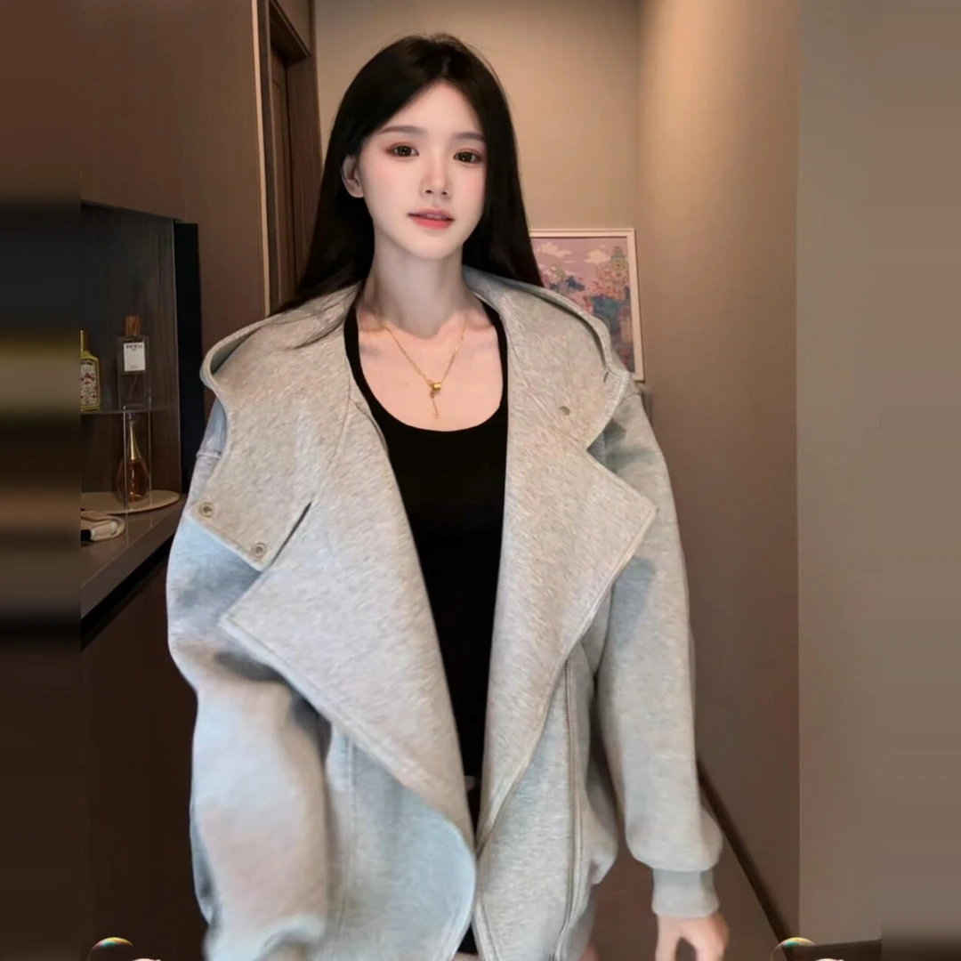 美式复古灰色连帽卫衣外套女早秋新款设计感宽松百搭休闲开衫上衣