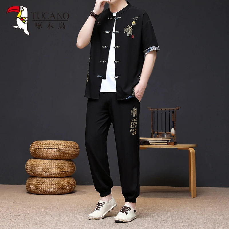 TUCANO/啄木鳥夏季潮男轻薄短袖新中式复古休闲立领唐装套装8659