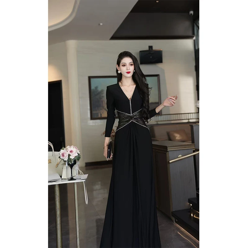 尤克菲儿 轻奢高定水晶麻拼接绣片长裙气质优雅高腰显瘦连衣裙