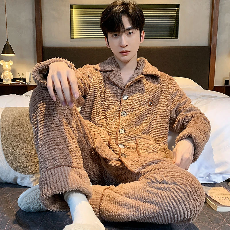 加大码睡衣男冬季加厚加绒珊瑚绒保暖套装咖色一套