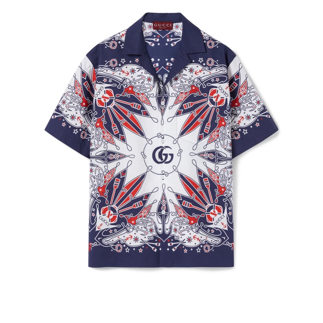 95新 GUCCI/古驰 bc910 610388 浅蓝色图案印花衬衫 46码
