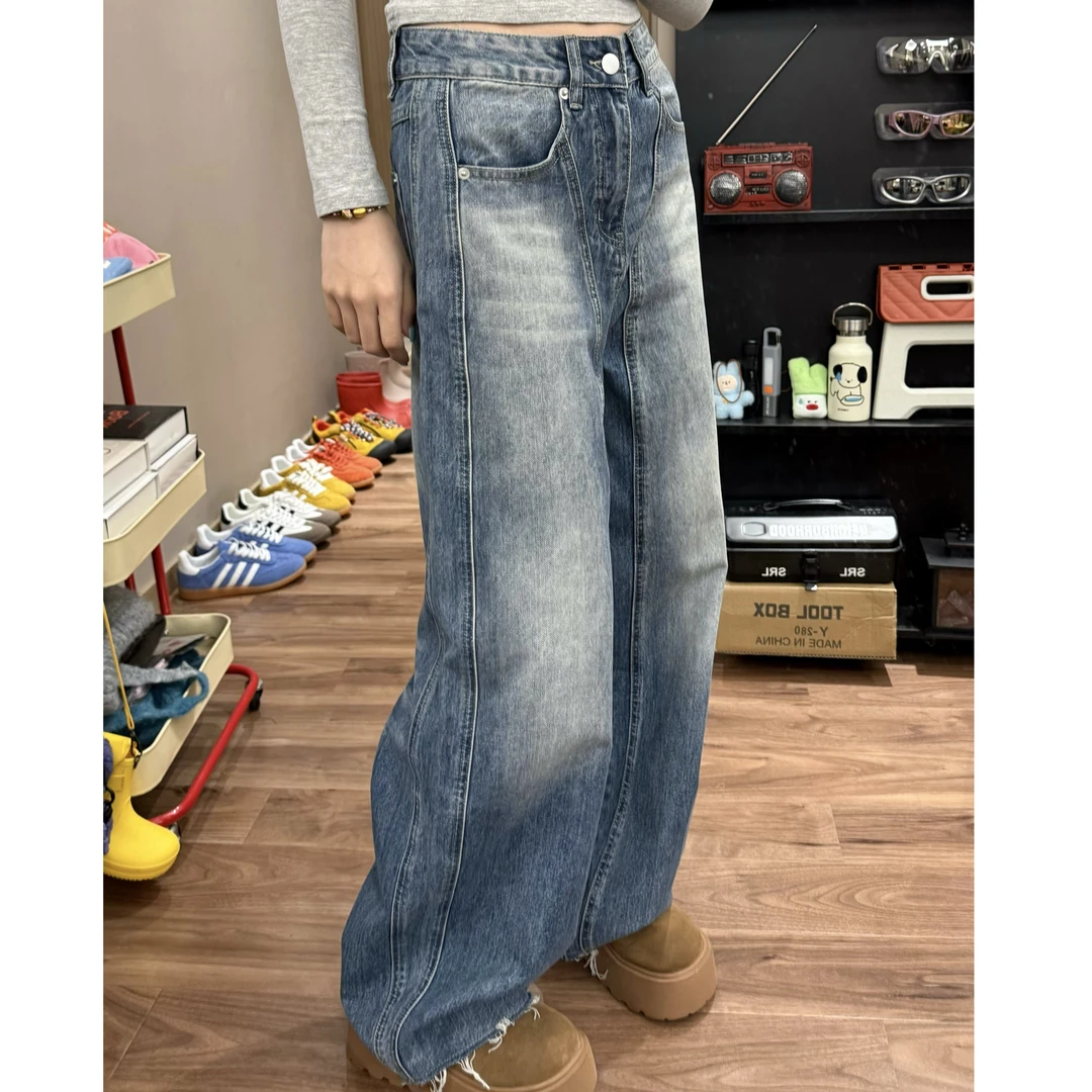 【外外专属】0217水洗牛仔裤女秋季美式阔腿低腰直筒宽松牛仔裤