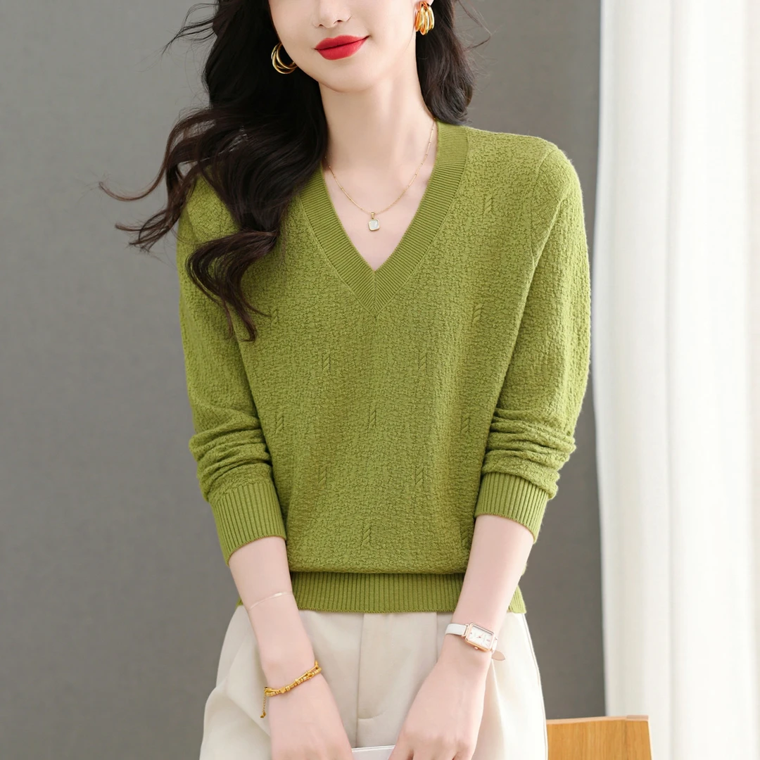 长袖短款春季v领毛针织衫毛衣薄款打底衫女宽松气质洋气时尚春装