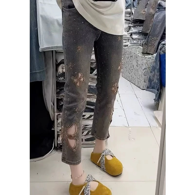 秋季薄款高腰弹力镂空蝴蝶刺绣牛仔裤女胖MM显瘦小个子九分烟管裤