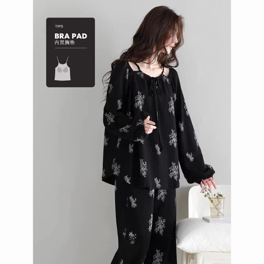 玄霜玉兔日系甜美少女带胸垫睡衣女春秋季新款碎花长袖长裤家居服