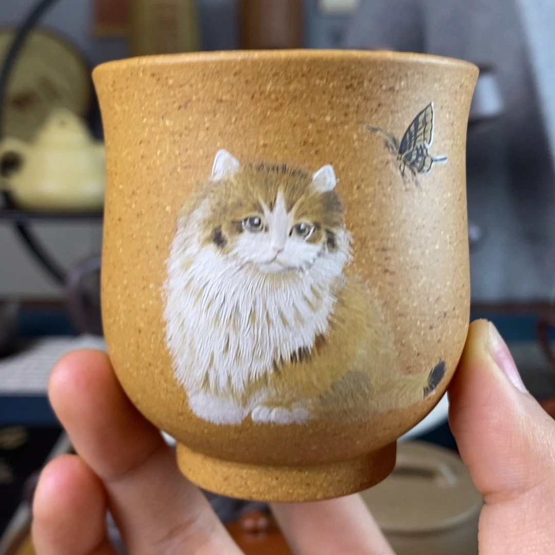 紫砂茶壶150cc堆绘猫猫主人杯