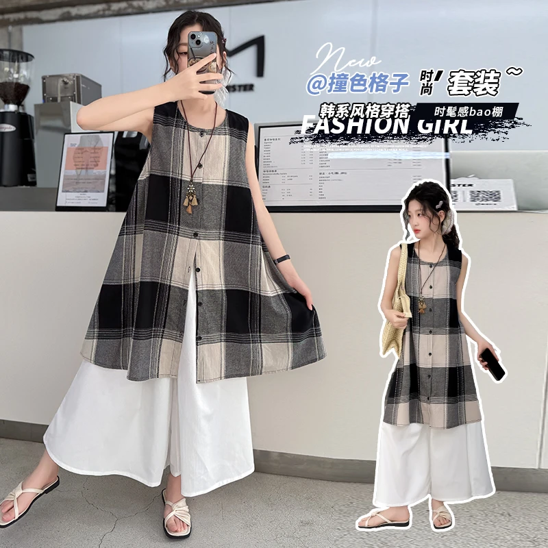 女童夏款韩系套装2025新款中大儿童6-12岁15甜美无袖衬衫薄款裙裤