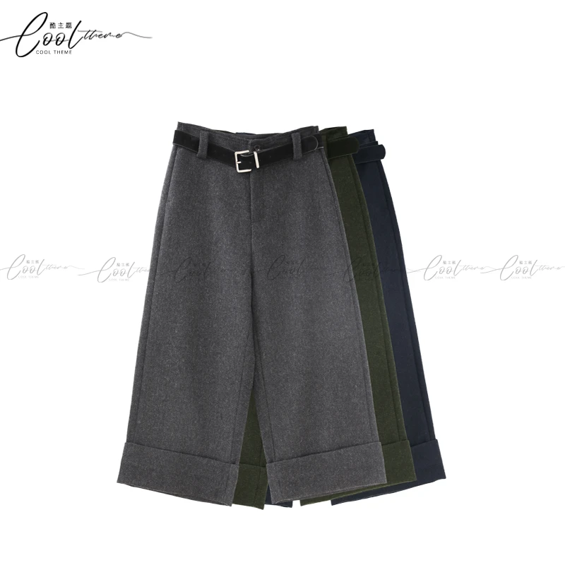 KUZHUTI2025冬季轻奢高货43%绵羊毛设计师翻边阔腿裤休闲七分裤