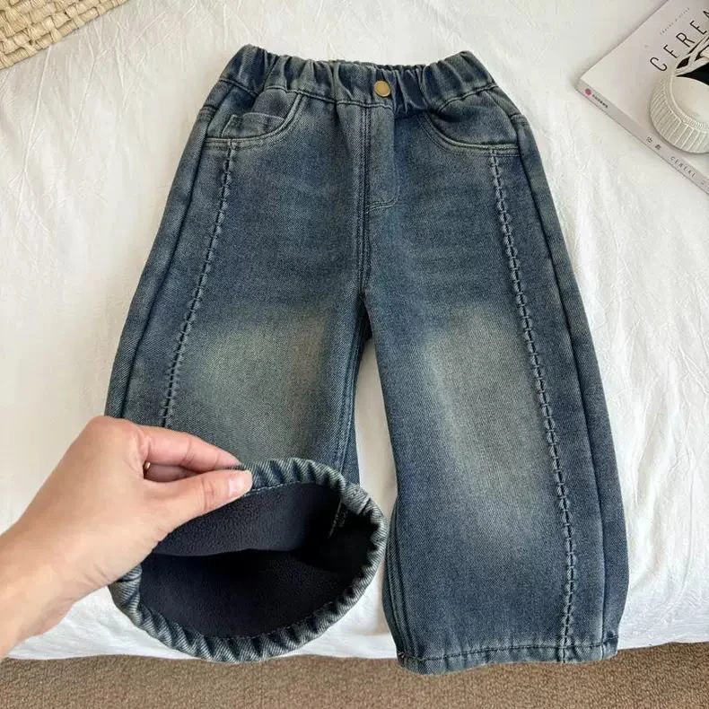 女童牛仔裤秋冬加绒2025直筒裤一体绒裤子中小童窄版阔腿保暖百搭