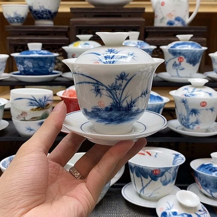 手绘兰花盖碗160釉下彩高温瓷微瑕福利款