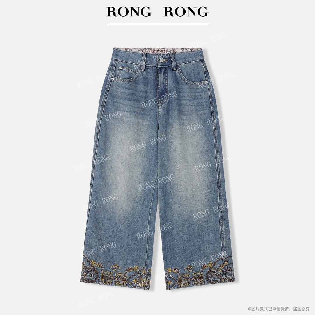 溶溶【蓝韵诗阙】RONGRONG 莱赛尔棉国风刺绣烟管九分牛仔裤W0215
