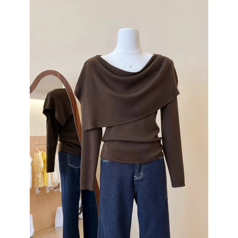 羊毛衫女假两件套长袖上衣百搭显瘦荡领纯色毛衣针织衫洋气时尚
