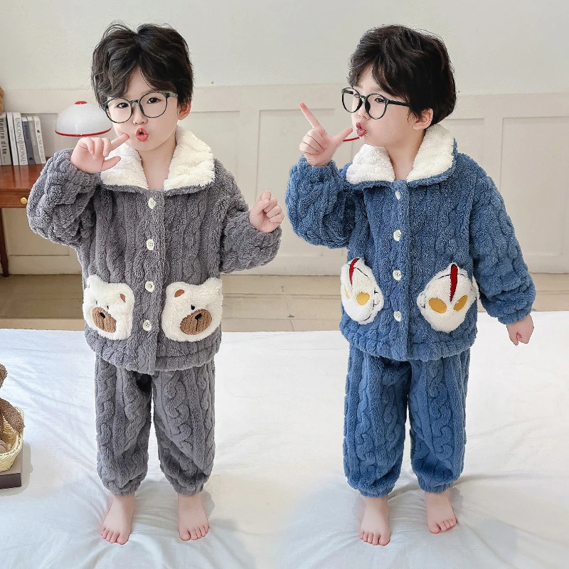 男童奥特曼睡衣秋冬款加厚男孩宝宝冬季保暖套装儿童法兰绒家居服
