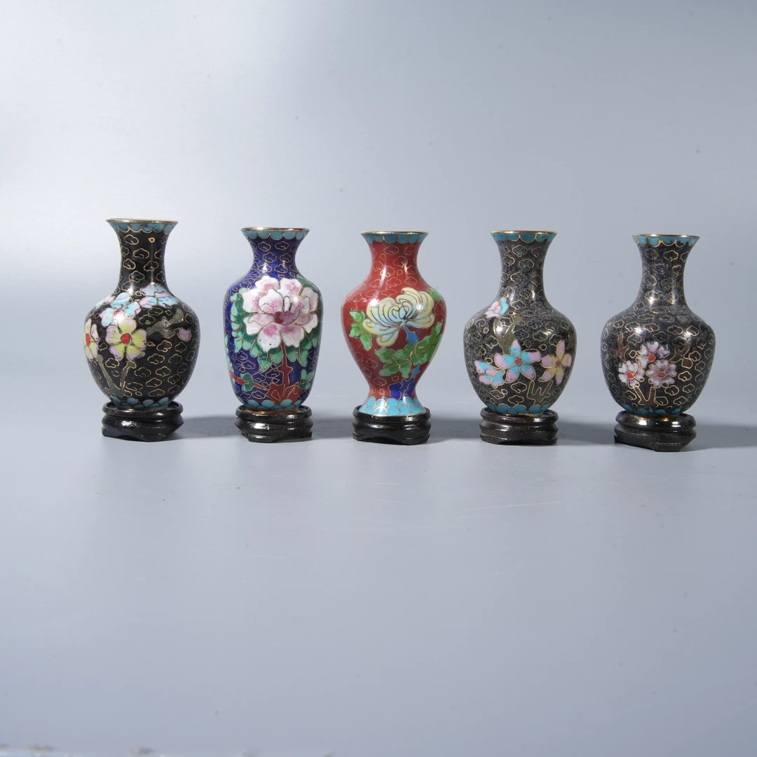 Tgz08 创汇期 铜胎花卉纹小赏瓶一套