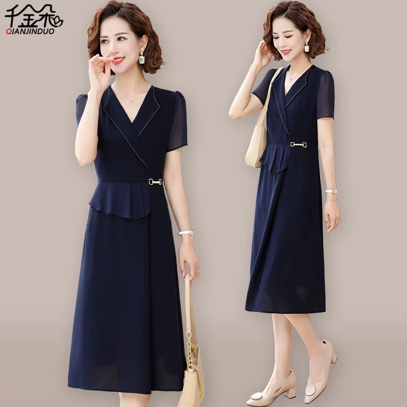 连衣裙中年妈妈法式气质收腰裙子女夏季贵夫人假两件胖mm显瘦长裙