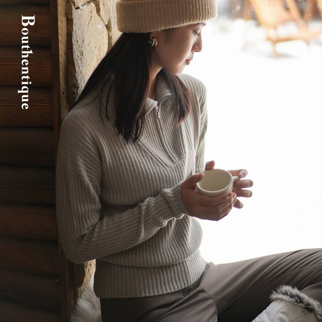 Bouthentique高级灰100%山羊绒半拉链翻领毛织套头衫224421F2Z16