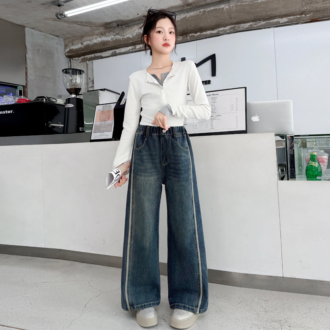 女童牛仔秋季2025新款初中生女孩裤子秋装女大童窄版女童秋装