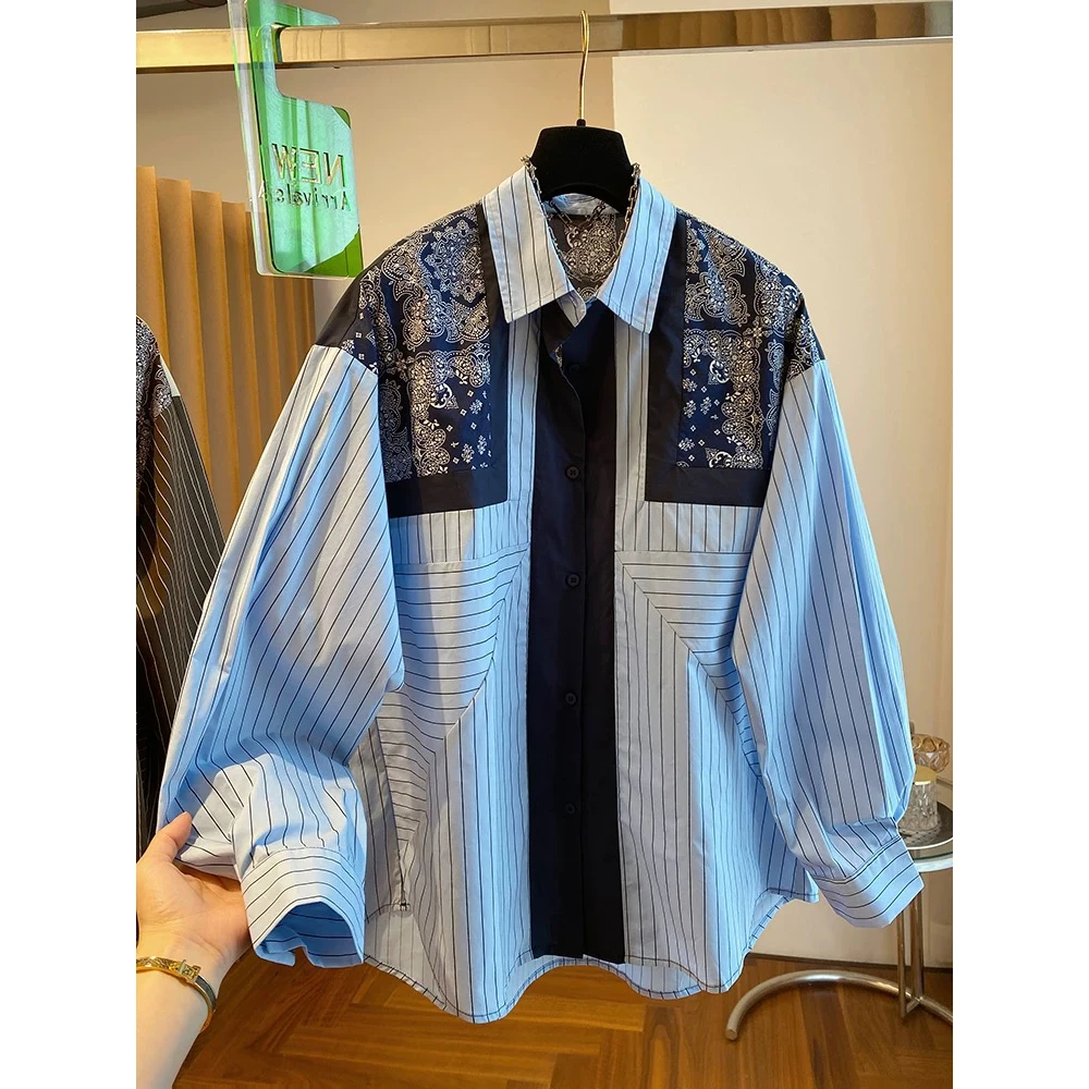 {青瓷框画}高级感宽松休闲复古民族风印花蓝色条纹长袖衬衫女