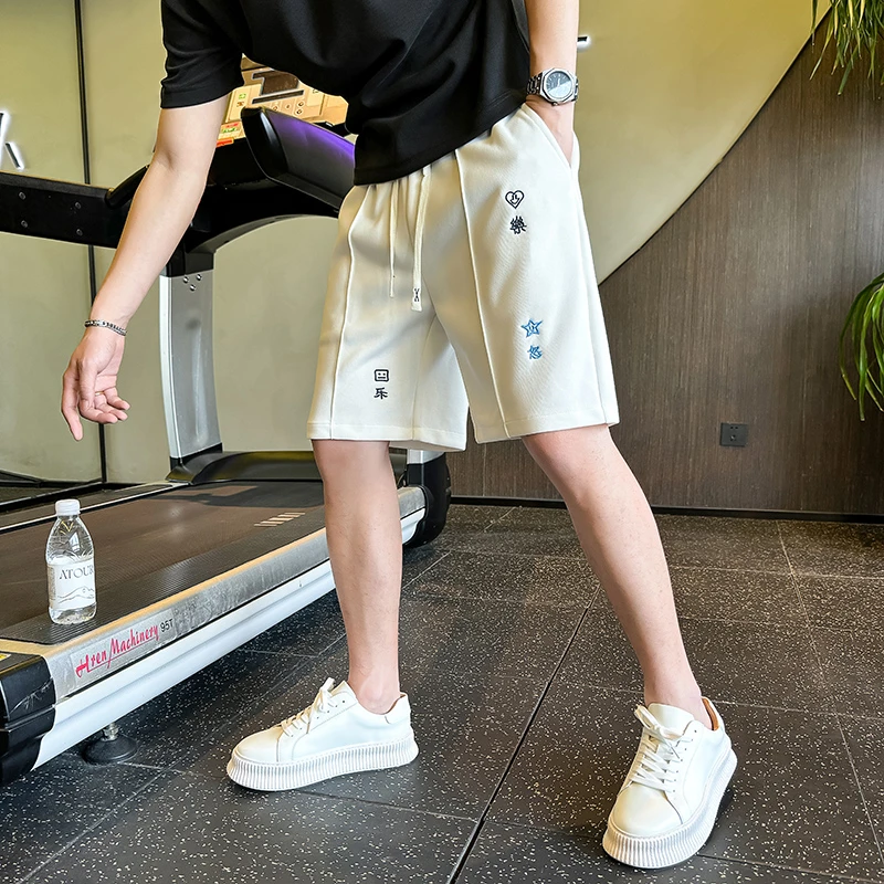 殿若高级感刺绣短裤男款夏季薄款抽绳直筒运动中裤潮牌休闲五分裤