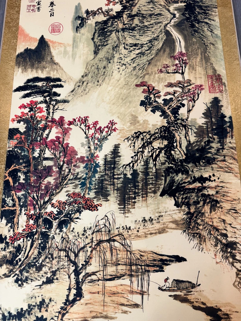 立轴国画山水装饰画多场景唐装饰画红树青山