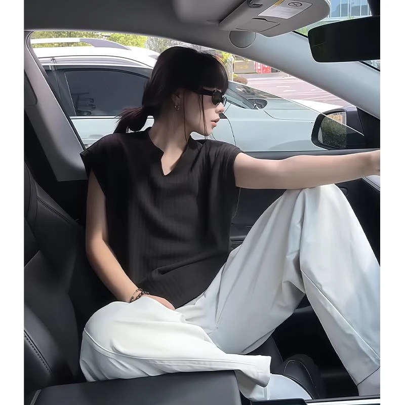 黑色条纹坎肩背心男夏季美式无袖v领t恤肌健身运动针织冰丝老头衫
