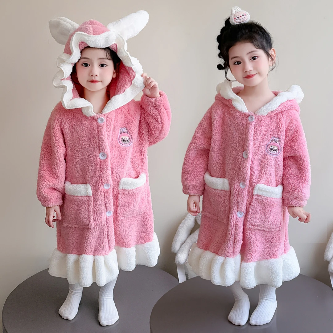 女童珊瑚绒儿童睡袍宝宝可穿式浴巾连帽睡衣女孩秋冬款法兰绒浴袍