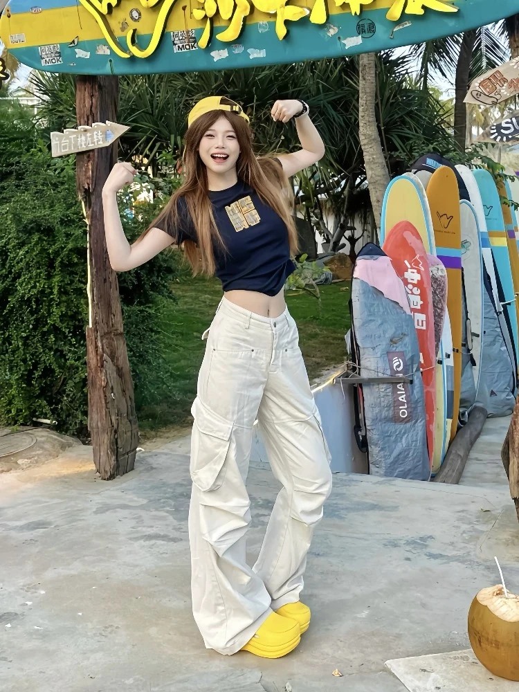 LKYY 美式复古多口袋褶皱工装裤男女直筒宽松潮牌休闲长裤