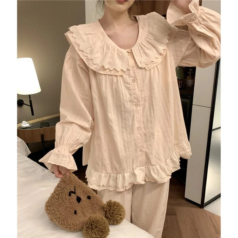 睡衣女春秋季韩版甜美蕾丝大翻领棉布长袖长裤家居服套装学生夏