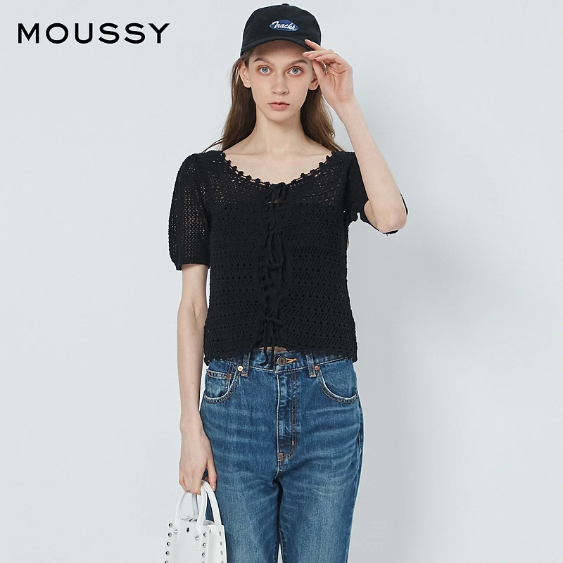 MOUSSY 春夏通勤风气质立体钩花系带法式针织开衫010FS770-0420