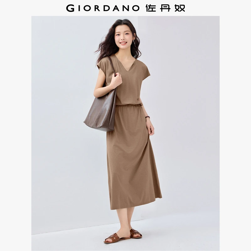 佐丹奴连衣裙女夏新款法式气质黑科技凉感V领收腰连衣裙05465490