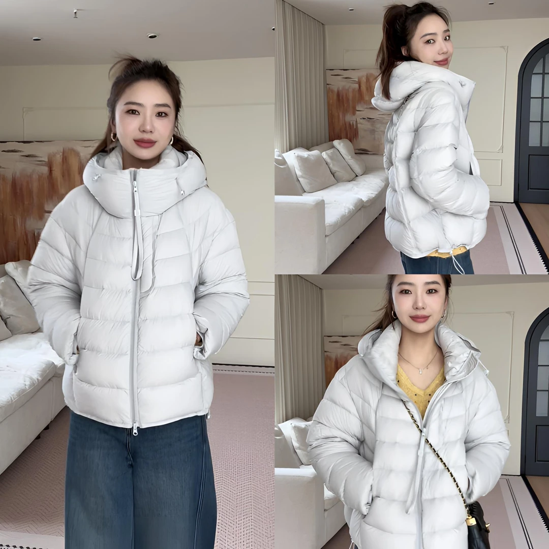 【余欢欢】冬季韩系简约连帽飘带拉链羽绒服-YHW50942