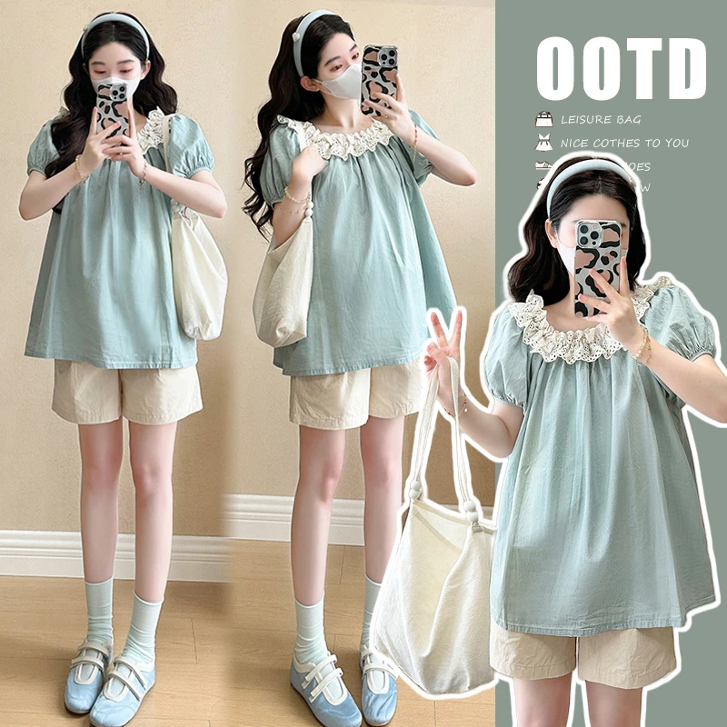 时髦孕妇装夏季新款法式韩版甜美蕾丝拼接夏季大码洋气显瘦款上衣