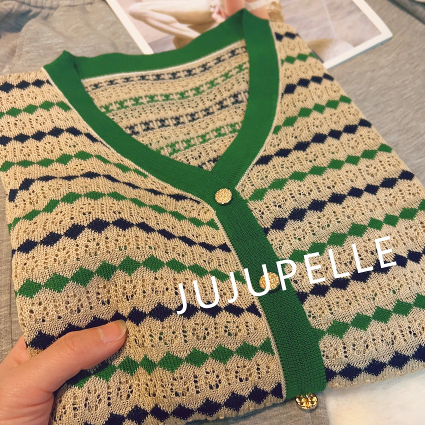 莱赛尔100条纹撞色柳叶绿方格2025夏季针织假开衫薄中袖女T恤套头