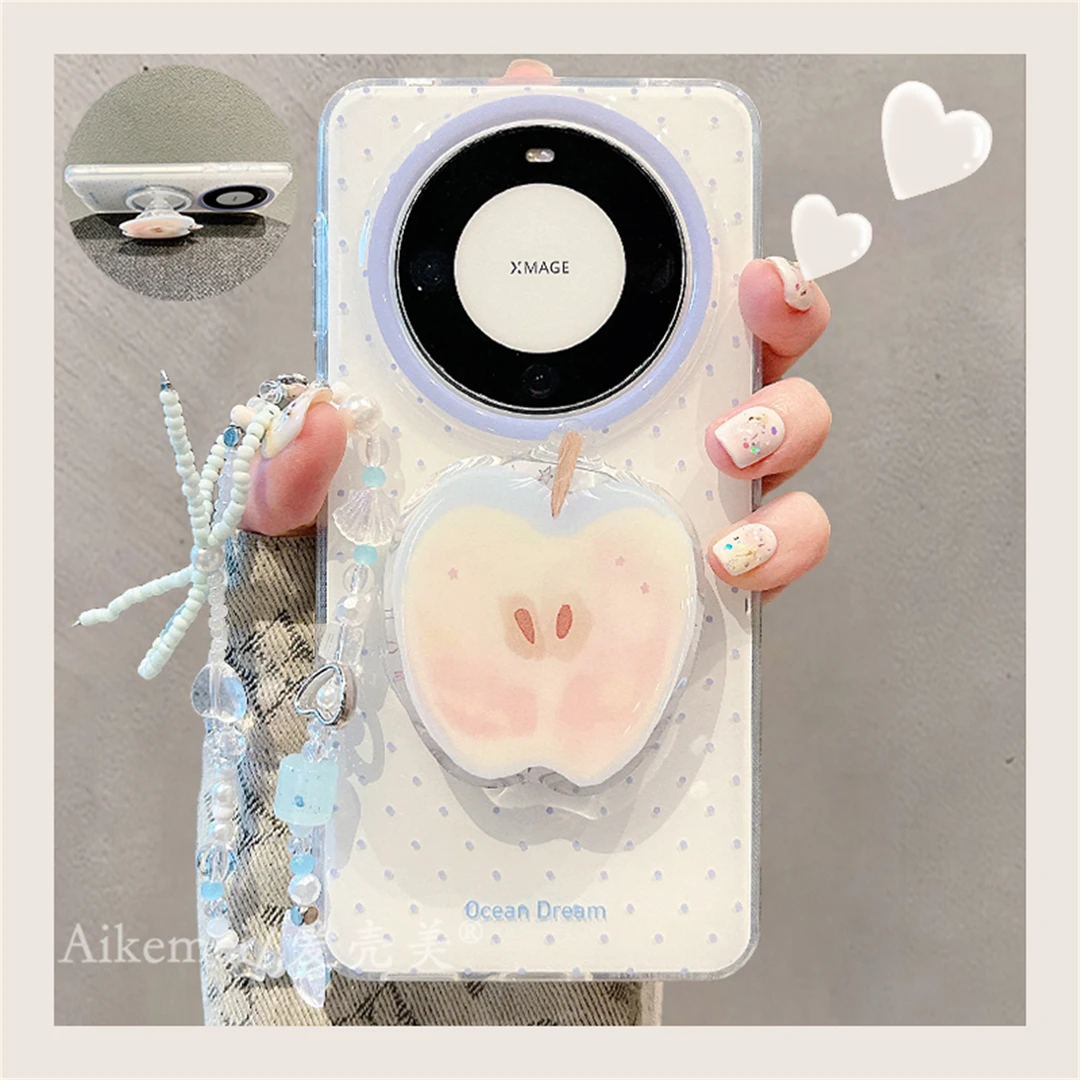适用华为mate70pro+手机壳白底紫波点mate60pro+苹果磁吸支架链条